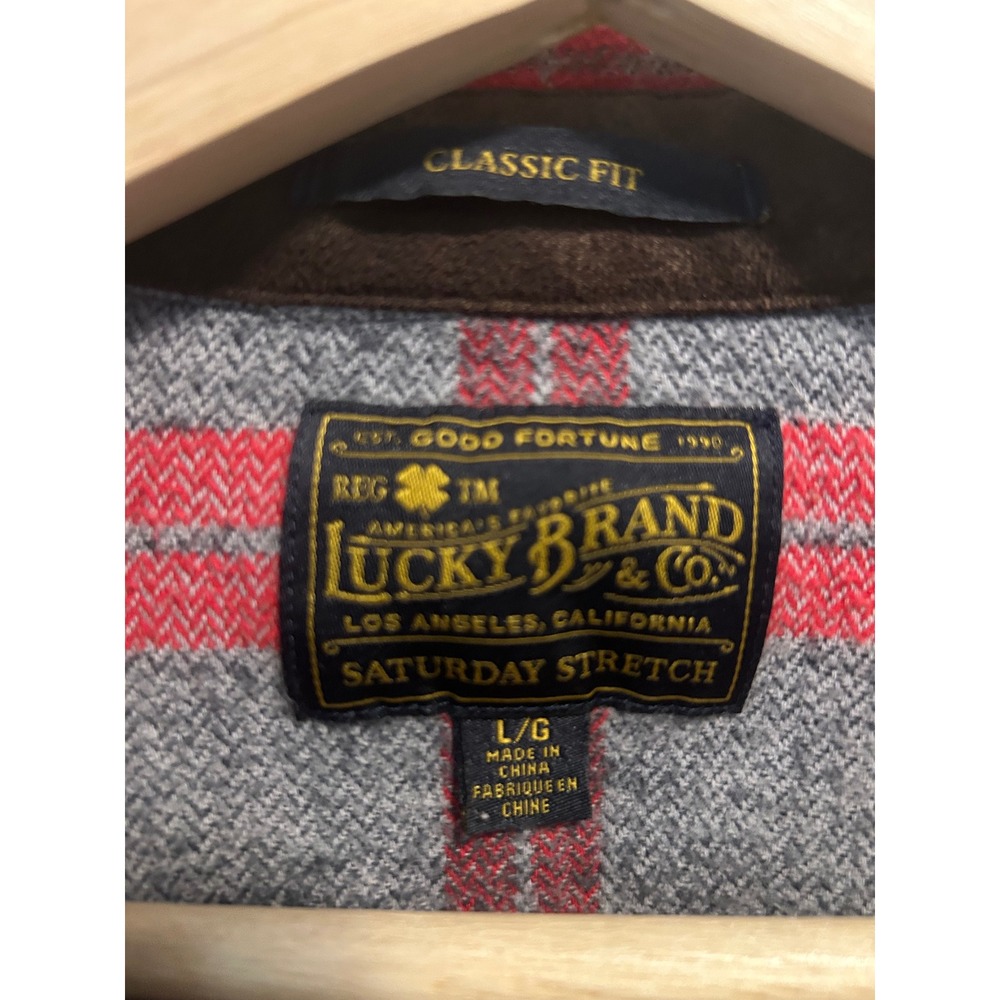 Lucky Brand Mens L G Gray Red Plaid Flannel Shirt Classic Fit Saturday Stretch - Picture 2 of 8